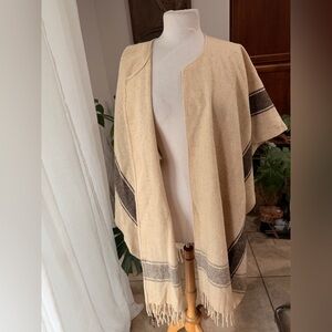 Wool Poncho Wrap Cream Beige Brown Fringe Shawl Cape